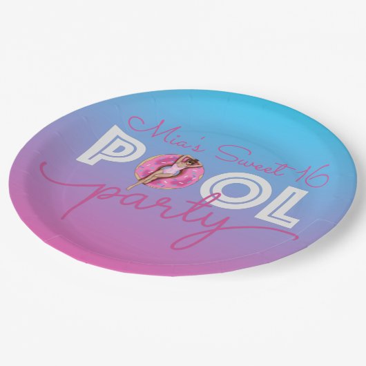 プールパーティーウォーターグラデーションカラードーナツフロートスウィート16 ペーパープレート (アングル)