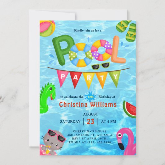 プールパーティーウォーターサマー誕生日 招待状 (正面)