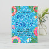 プールパーティーカラフルとビーチボールおよびプールリングや輪 招待状 (スタンド正面)