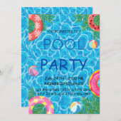プールパーティーカラフルとビーチボールおよびプールリングや輪 招待状 (正面/裏面)