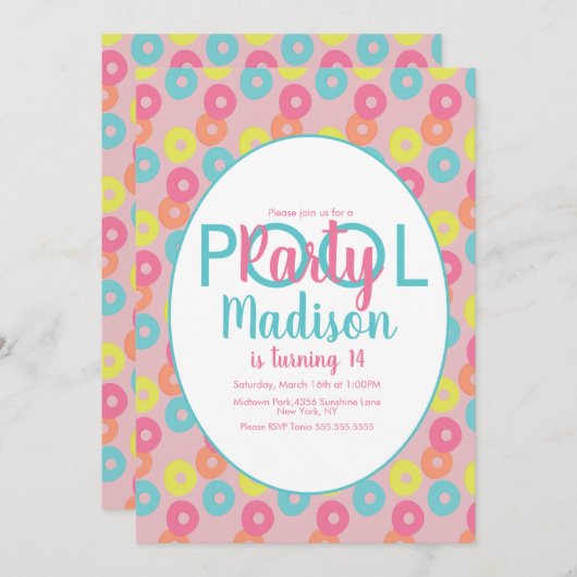 プールパーティーカラフルリングや輪誕生日招待状 招待状 (正面/裏面)