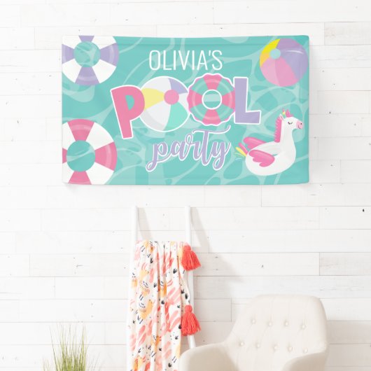 プールパーティーガールユニコーンピンク&パープル誕生日 横断幕 (インサイチュ)