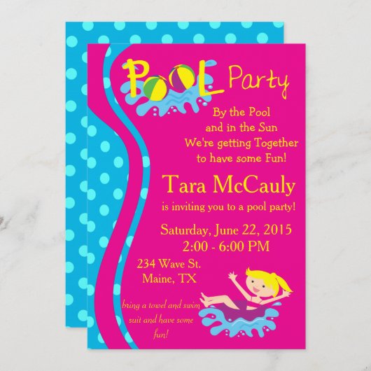 プールパーティーガール招待状 招待状 (正面/裏面)