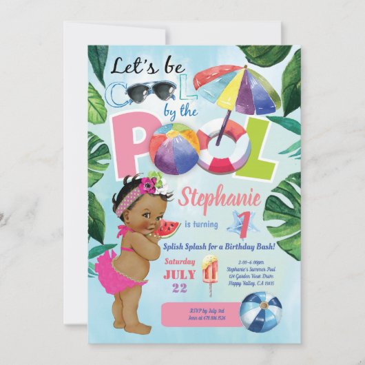 プールパーティーガール1歳の誕生日の熱帯夏 招待状 (正面)