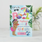 プールパーティーガール1歳の誕生日の熱帯夏 招待状 (スタンド正面)
