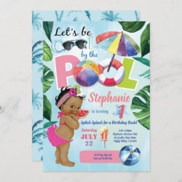 プールパーティーガール1歳の誕生日の熱帯夏 招待状