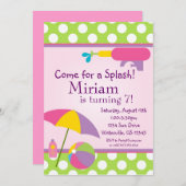 プールパーティーグリーン水玉模様誕生日招待状 招待状 (正面/裏面)