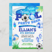 プールパーティーサッカー誕生日 招待状 (正面/裏面)