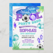 プールパーティーサッカー誕生日 招待状 (正面/裏面)