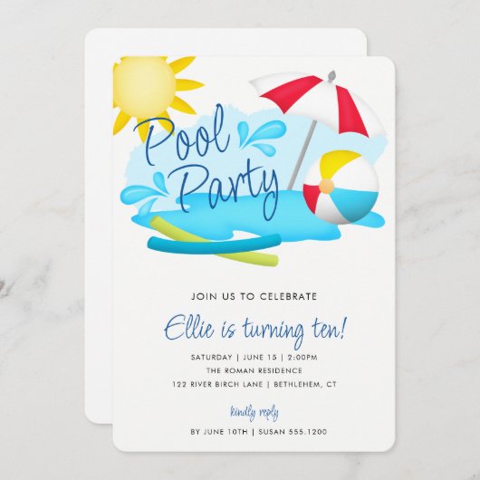 プールパーティーサマーおもしろい誕生日 招待状 (正面/裏面)