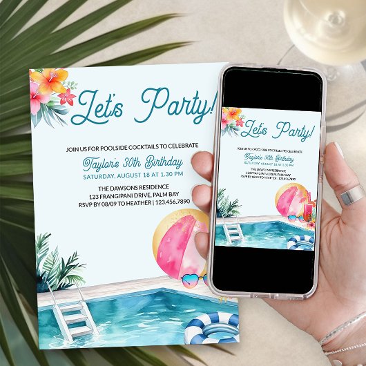 プールパーティーサマーカクテルアダルト誕生日 招待状