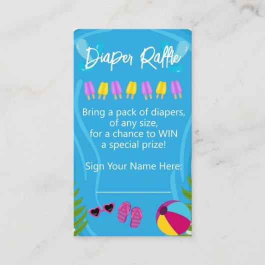 プールパーティーサマーガールおむつラッフルベビーシャワー エンクロージャーカード (正面)