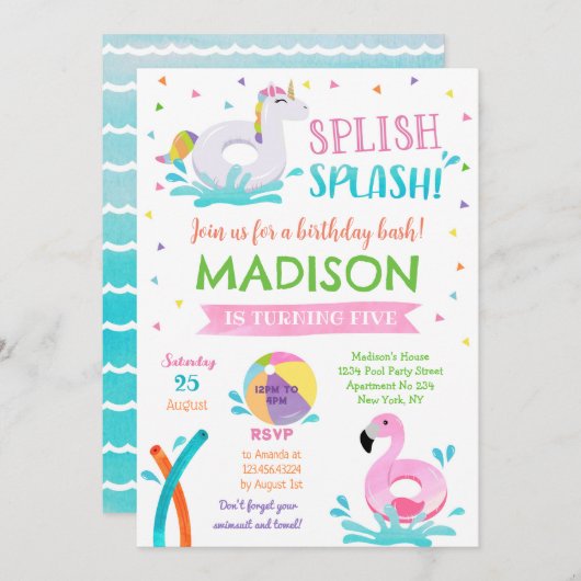 プールパーティーサマーガール誕生日招待状 セーブザデート (正面/裏面)