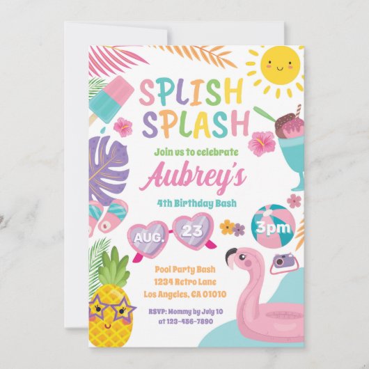 プールパーティーサマーガール誕生日招待状 招待状 (正面)