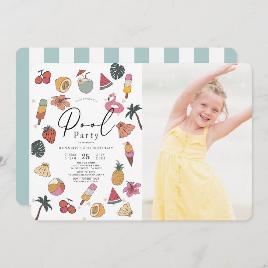 プールパーティーサマースイミングガールフォト誕生日 招待状 (正面/裏面)