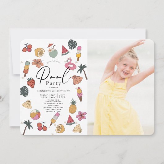 プールパーティーサマースイミングガールフォト誕生日 招待状 (正面)