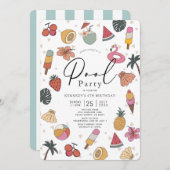 プールパーティーサマースイミングガール誕生日 招待状 (正面/裏面)