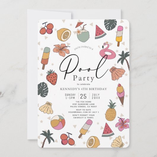 プールパーティーサマースイミングガール誕生日 招待状 (正面)