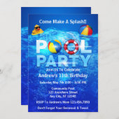 プールパーティーサマースイミングスプラッシュ誕生日 招待状 (正面/裏面)
