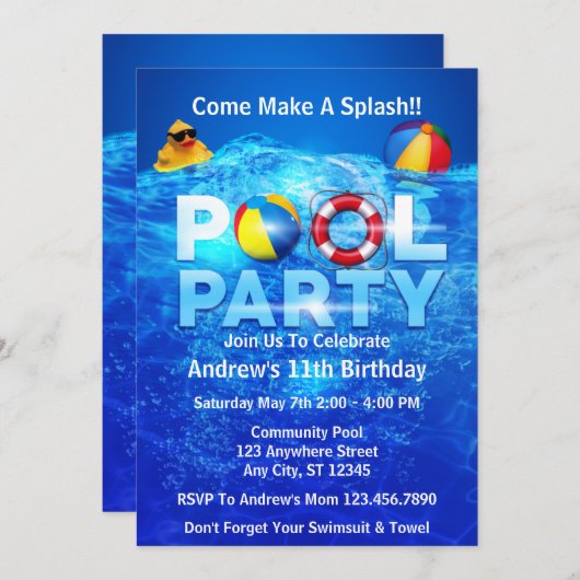 プールパーティーサマースイミングスプラッシュ誕生日 招待状 (正面/裏面)