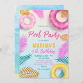 プールパーティーサマースイミングトロピカル誕生日 招待状 (正面/裏面)