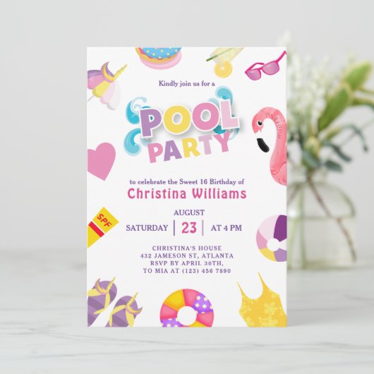 プールパーティーサマースウィート16誕生日 招待状 (スタンド正面)