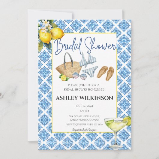 プールパーティーサマービーチブルータイルブライダルシャワー 招待状 (正面)