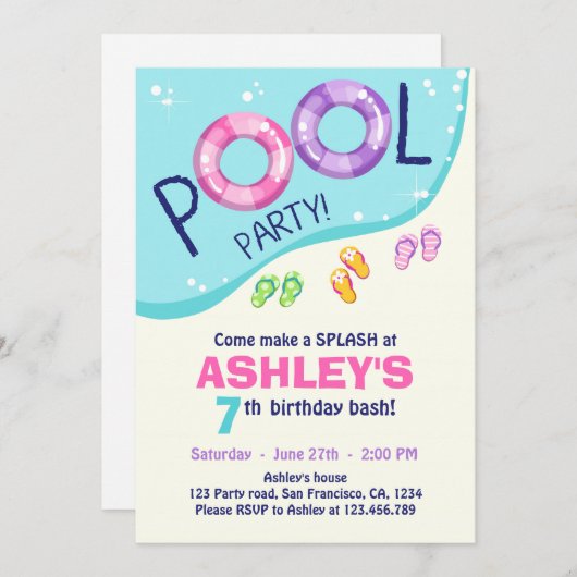 プールパーティーサマーピンクガール誕生日招待状 招待状 (正面/裏面)