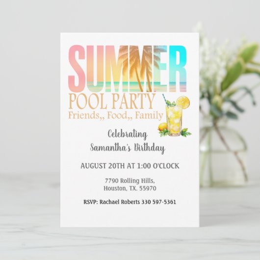 プールパーティーサマーフードフードフードフレンズファミリー誕生日 招待状 (スタンド正面)