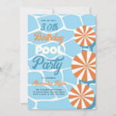 プールパーティーサマーブルーオレンジ傘誕生日 招待状 (正面)