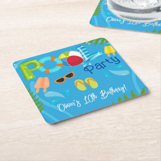 プールパーティーサマーボーイバースデーパーティー スクエアペーパーコースター (アングル)