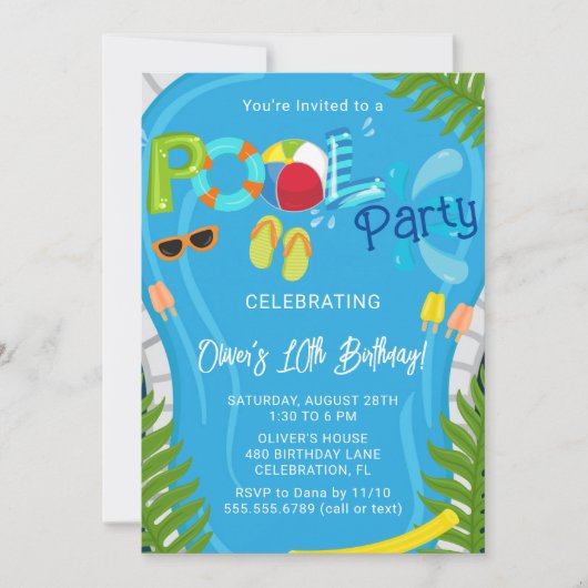 プールパーティーサマーボーイバースデーパーティー 招待状 (正面)