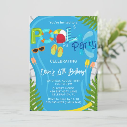 プールパーティーサマーボーイバースデーパーティー 招待状 (スタンド正面)