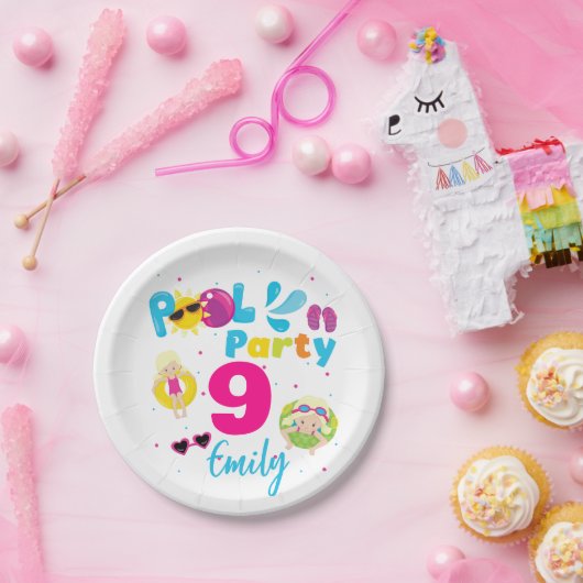 プールパーティーサマー誕生日ガールスイムマッチング ペーパープレート (パーティー)