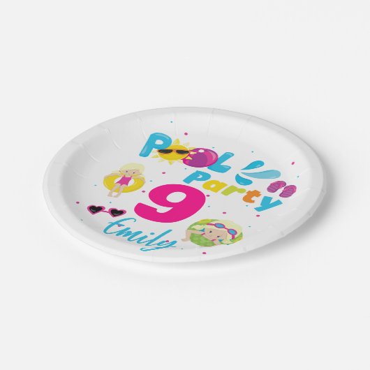プールパーティーサマー誕生日ガールスイムマッチング ペーパープレート (アングル)