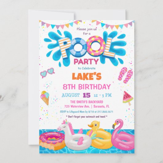 プールパーティーサマー誕生日招待状 招待状 (正面)