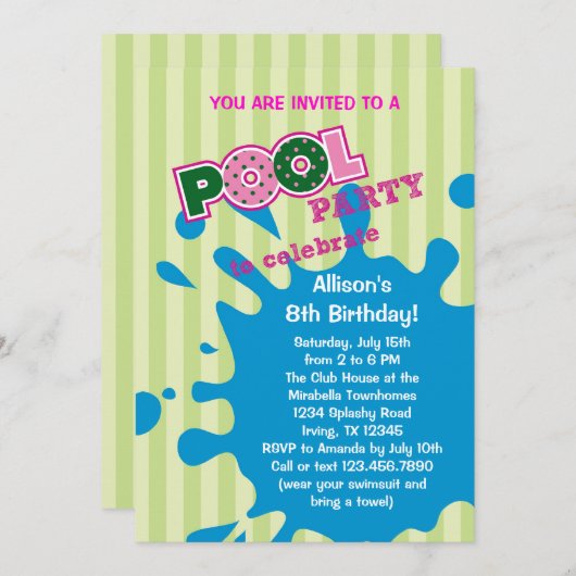 プールパーティーサマー誕生日招待状 招待状 (正面/裏面)