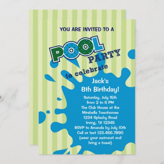 プールパーティーサマー誕生日招待状 招待状 (正面/裏面)
