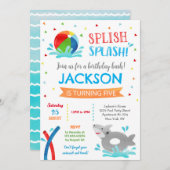 プールパーティーシャークサマーボーイ誕生日招待状 セーブザデート (正面/裏面)
