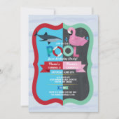 プールパーティーシャークフラミンゴジョイントボーイガール誕生日 招待状 (正面)