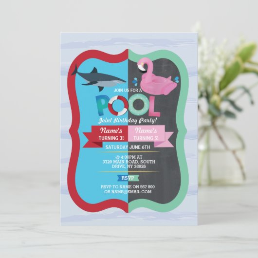 プールパーティーシャークフラミンゴジョイントボーイガール誕生日 招待状 (スタンド正面)