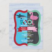 プールパーティーシャークフラミンゴジョイントボーイガール誕生日 招待状 (正面/裏面)