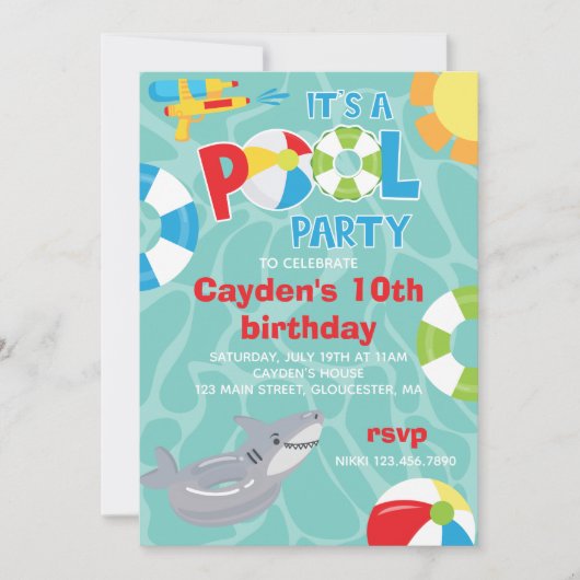 プールパーティーシャークプールfloatサマーボーイ誕生日 招待状 (正面)