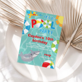 プールパーティーシャークプールfloatサマーボーイ誕生日 招待状
