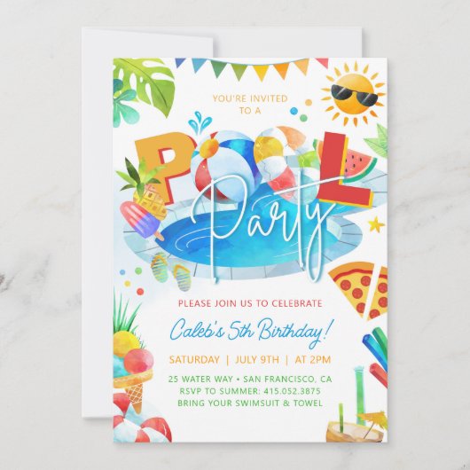 プールパーティースイミングボーイ誕生日プールパーティー 招待状 (正面)