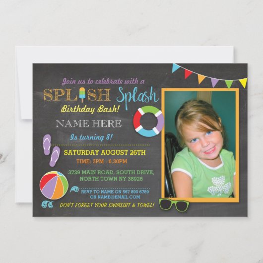 プールパーティースイミング誕生日スプラッシュフォト招待状 招待状 (正面)