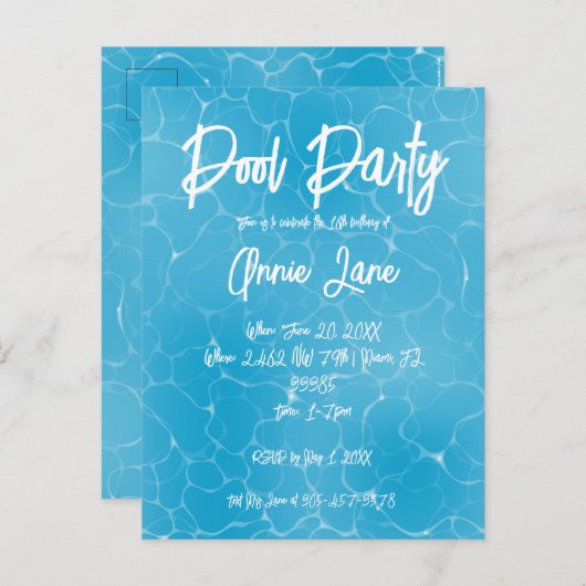 プールパーティースウィート16ウォーターブルーミニマリストブデイ インビテーションポストカード (正面/裏面)