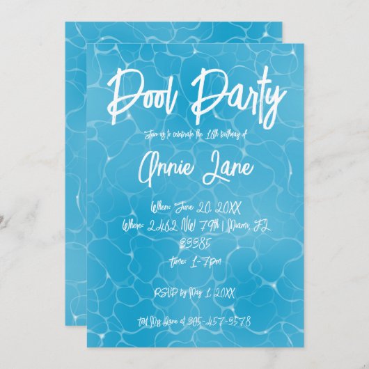 プールパーティースウィート16ウォーターブルーミニマリストブデイ 招待状 (正面/裏面)