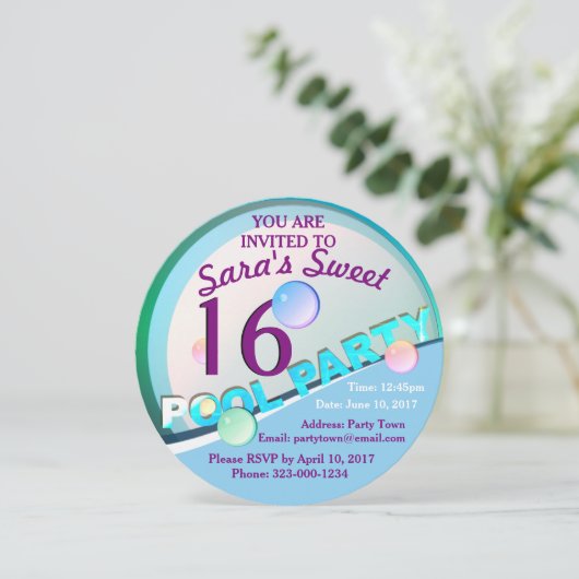 プールパーティースウィート16バートデイ招待状 招待状 (スタンド正面)