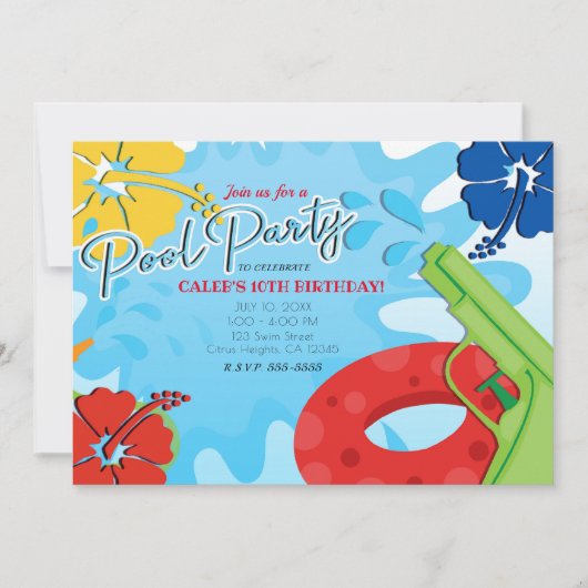 プールパーティースクールウォーターおもしろいサマーハイビスカス 招待状 (正面)